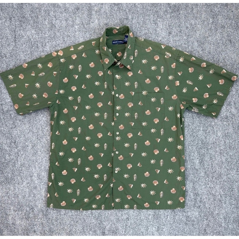 Grant Thomas Button Up Shirt Mens L Olive Green Seashell Starfish‎ Print Cotton